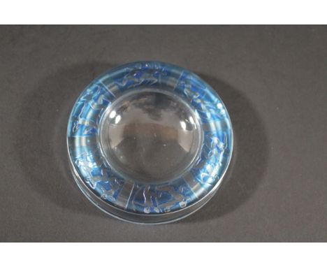 LALIQUE DISH - ARCHERS a glass dish with blue stained panels of Archers. Moulded mark, R LALIQUE, and etched mark France. 4 1