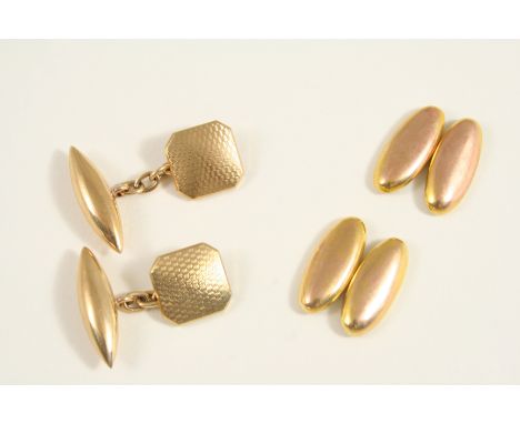 A PAIR OF 9CT. GOLD CUFFLINKS of cut cornered square design with engine turned decoration, 8.9 grams, together with another p