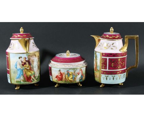 VIENNA PART COFFEE SERVICE, decorated with romantic scenes between maroon and gilt bands, comprising six cups and saucers, su