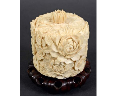 JAPANESE IVORY BOX AND COVER, Meiji, all cover carved with lotus and other flowers, the cover with lotus flower finial, carve