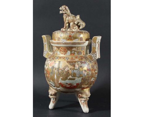 JAPANESE SATSUMA TRIPOD KORO AND COVER, decorate with samurai on one side and courtiers verse, the pierced cover with guardia