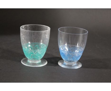 LALIQUE GLASSES - COCKEREL 2 glasses in the Cockerel design, one blue stained and one green. Both with etched marks, R Laliqu