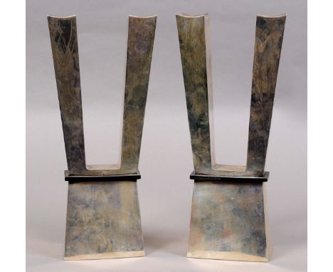 PAIR OF CONTEMPORARY SILVER CANDLEABRA - 1968 a stylish pair of silver twin light candleabra, in an architectural style with 
