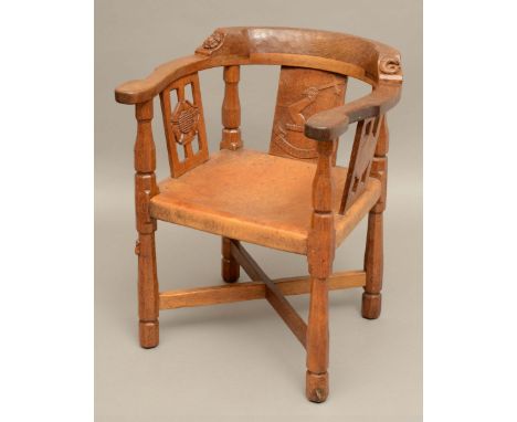 ROBERT THOMPSON OF KILBURN - MOUSEMAN MONKS CHAIR a circa 1920s/1930s oak Monk's armchair with curved back and shaped arms, s