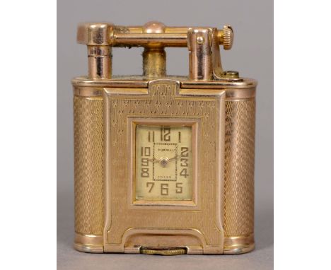 RARE DUNHILL GOLD LIGHTER/WATCH a 9ct gold Dunhill lighter with a roller mechanism and straight hinged arm, with an engine tu