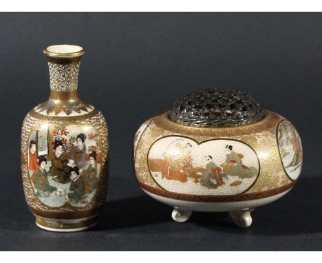 JAPANESE SATSUMA TRIPOD POT POURRI AND COVER, of ovoid form painted with four cartouches on a floral ground, beneath a metal 