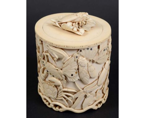 JAPANESE IVORY TUSK VASE AND COVER, mid to late 19th century, well carved with bats, frogs, snails, butterflies, moths and ot