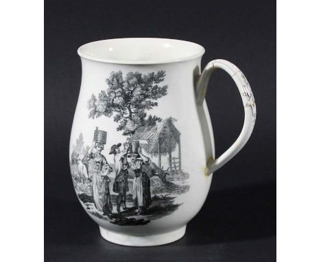WORCESTER BELL SHAPED TANKARD, circa 1770, black or bat printed with scenes by Robert Hancock of milkmaids and 'Mayday' with 