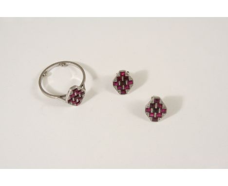 A RUBY AND DIAMOND RING centred with nine rectangular-shaped rubies within a surround of small diamonds, size S, together wit