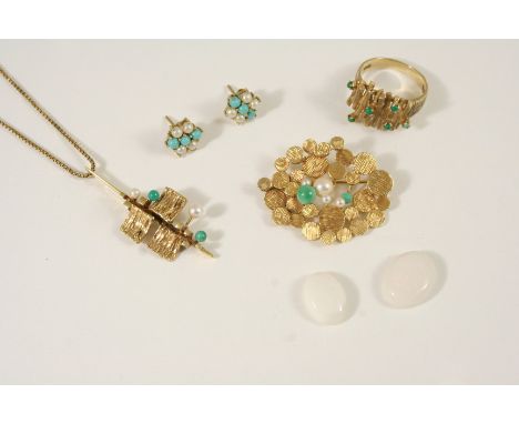 A QUANTITY OF JEWELLERY including a 9ct. gold openwork brooch mounted with cultured pearls and turquoise, a gold, turquoise a