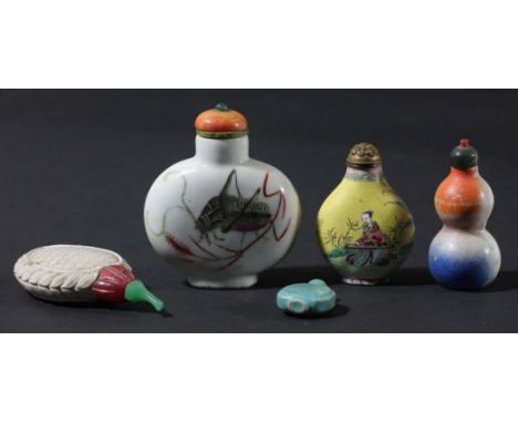 COLLECTION OF FIVE CHINESE SNUFF BOTTLES, including one enamelled with insects, iron red seal mark, a miniature snuff bottle 