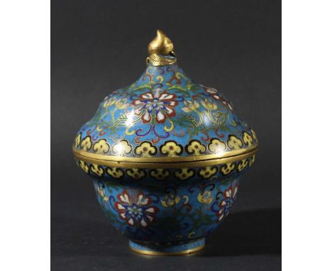 CHINESE CLOISONNE BOWL AND COVER, probably Qianlong, of ogee form with scrolling floral decoration and ruyi borders and gilt 