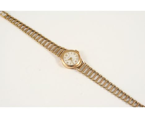A LADY'S 9CT. GOLD WRISTWATCH BY ROLEX the signed circular dial with Arabic quarters, on a gold openwork bracelet with ladder
