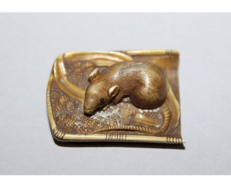 A 19TH CENTURY JAPANESE MEIJI PERIOD STAINED IVORY NETSUKE BY IPPO, carved in the form of a rat inside a shallow basket of ma