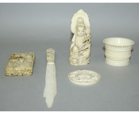 A 19TH CENTURY CHINESE CANTON IVORY CARD CASE, 3.6in high x 1.8in wide; together with an early 20th Century Japanese ivory ca