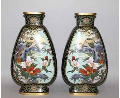 A GOOD MIRROR PAIR OF 20TH CENTURY CHINESE CLOISONNE VASES, together with fitted wood stands, each of pear-form and rounded r