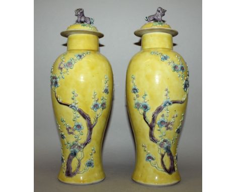 A GOOD MIRROR PAIR OF CHINESE YELLOW GROUND WANG BINRONG PORCELAIN VASES & COVERS, circa 1900, each moulded in relief with a 