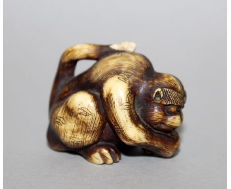 A 19TH CENTURY JAPANESE CARVED IVORY NETSUKE OF A STYLISED TIGER, unsigned, crouching and licking its forepaws, its fur natur