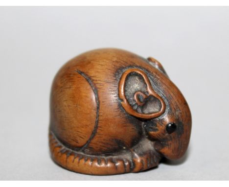 A GOOD 19TH CENTURY JAPANESE BOXWOOD NETSUKE OF A RAT, unsigned, the squatting animal clasping its tail in its forepaws, the 
