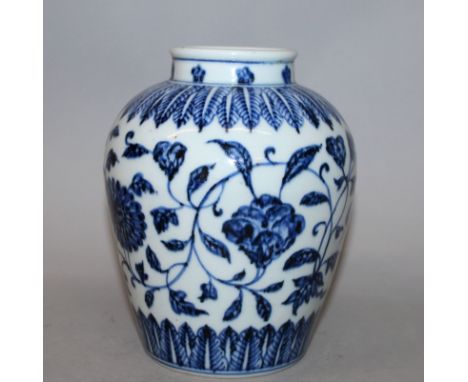 A CHINESE BLUE & WHITE MING STYLE PORCELAIN JAR, decorated with a band of formal scroll and leaf-stemmed flowerheads between 