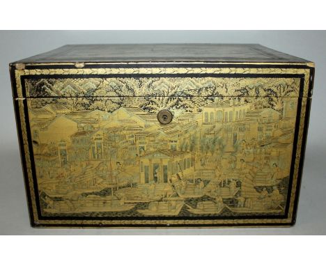 A GOOD QUALITY 19TH CENTURY CHINESE LACQUERED WOOD CADDY, containing a large engraved pewter box with hinged cover, the hinge