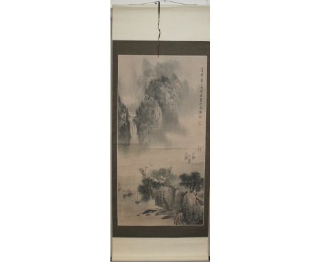 A CHINESE HANGING SCROLL PICTURE, depicting a mountainous river landscape, the picture itself 49in x 25in.