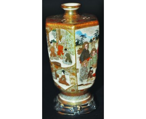 A JAPANESE SATSUMA EARTHENWARE VASE, the hexagonal-section body painted with panels of ladies, of samurai and of sennin, the 