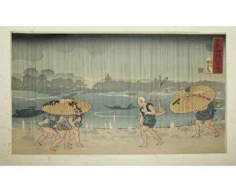 AN ORIGINAL 19TH CENTURY JAPANESE WOODBLOCK PRINT BY KUNIYOSHI, oban yoko-e, depicting travellers in a rain storm walking on 