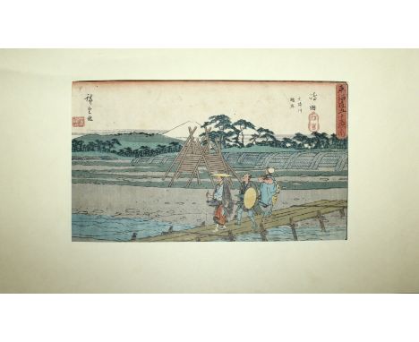 A 19TH CENTURY ORIGINAL JAPANESE TOKAIDO WOODBLOCK PRINT BY HIROSHIGE, circa 1841/42, oban yoko-e, Gyosho edition, depicting 
