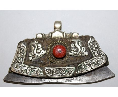A 19TH CENTURY TIBETAN ‘STRIKE A LIGHT’ LEATHER & STEEL POUCH, applied to its front with onlaid chased silver-metal panels an