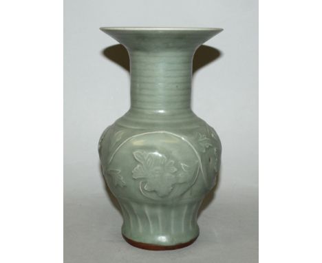 A GOOD CHINESE YUAN DYNASTY LONGQUAN CELADON CERAMIC YEN-YEN VASE, the sides moulded in relief beneath the glaze with formal 