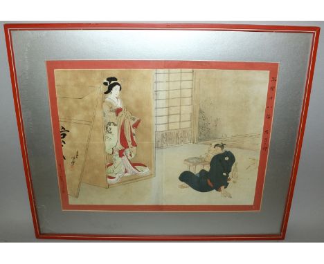 AN EARLY 20TH CENTURY FRAMED JAPANESE WOODBLOCK OBAN DIPTYCH, depicting a reclining man drinking tea and observing a lady eme