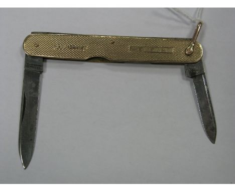 A Two Blade Folding Pocket Knife, blades stamped "J.G. Vickery", with 9ct gold engine turned scales, NBLd, (possibly Sheffiel