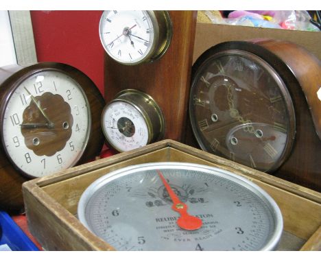 Two Walnut Smiths Mantel Clocks, a Reuben Heaton Ever Ready Scale, clock/barometer:- One Tray