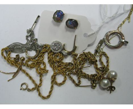 Modern 9ct White Gold Pendants on Chains, 9ct gold single pearl earstuds, opal (doublet) earstuds, rope twist chain, etc.