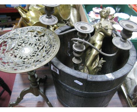 Coopered Planter, brass tripod based trivet stand, candelabra, figure.