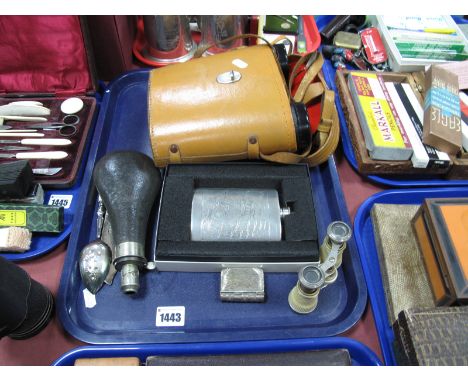 Hawkes - Sheffield Shot Flask, Zeiss Wetzler 7 x 50 Field Binoculars (cased), pewter flask, opera glasses etc:- One Tray