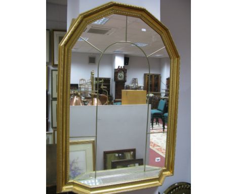 Gilt Wall Mirror, with angular top and shelf, arched leaded decoration.