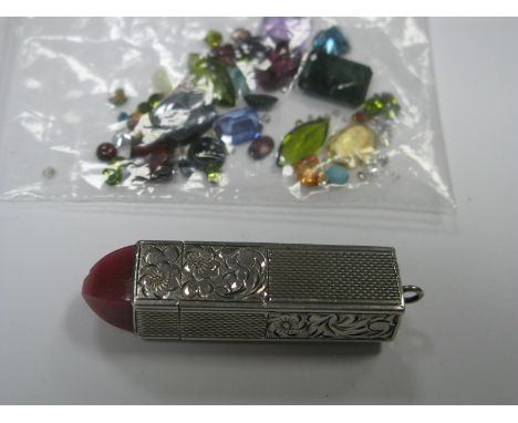 A Continental Novelty Lipstick Holder, with engine turned and engraved floral decoration, stamped makers initials and "900", 