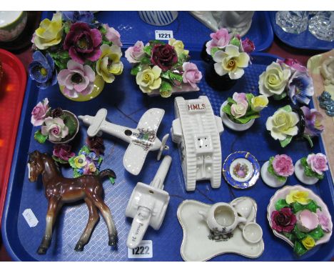 Carlton Crested WWI Tank (cracked), French canon, aeroplane, posies, pony, etc:- One Tray