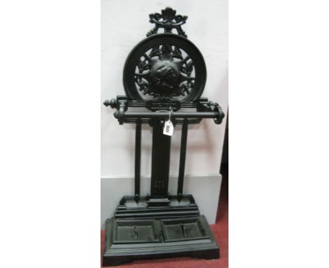 A Black Painted Metal Stick Stand, with 'Victory' and bust to back, detachable drip cups to base, 86.5cm high.