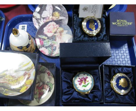 Four Royal Worcester Ceramic/Enamelled Trinket Boxes (all boxed), four fairy plated millennium bell.