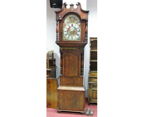 A XIX Century Mahogany  Eight-Day Moonface Longcase Clock, the arched dial inscribed "Cremonini Wolverhampton" (flaking), wit