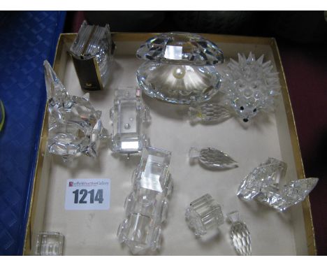 Swarovski Crystal Glass Figures etc, Hedgehog, Travelling Clock in the form of a book, Shell, Train and Carriage, Church, all
