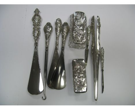 Decorative Hallmarked Silver Handled Shoe Horns, a button hook, William Comyns hallmarked silver glove stretchers, two lidded