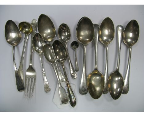 A Matched Set of Seven Hallmarked Silver Teaspoons, initialled; together with a fiddle pattern mustard spoons, a small ladle,