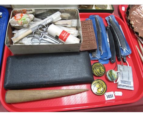 A Geometry Set, scissors, cut throat, razors etc:- One Tray