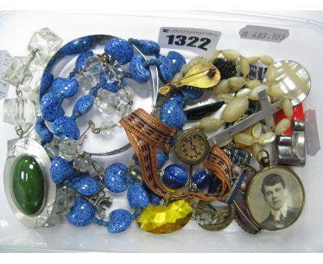 Micromosaic and Other Brooches, bead necklaces, novelty vintage ribbon bracelet as a watch, bangle, locket pendant, etc.
