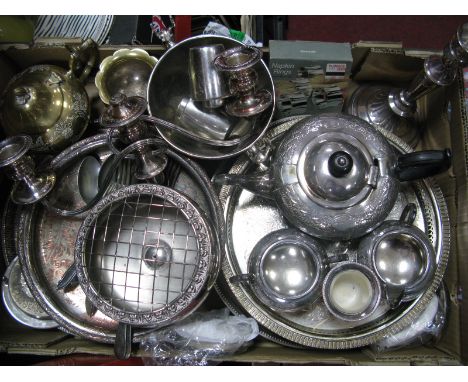 Electroplated Gallery Trays, salver, rose bowl, loose cutlery, three piece tea service, coasters, etc:- One Box
