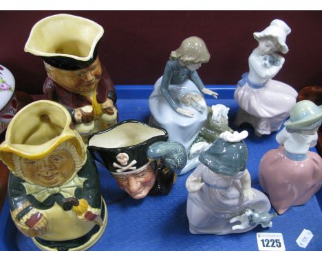 Four Nao Figurines, two Woods Toby jugs, Doulton Long John Silver character jug:- One Tray